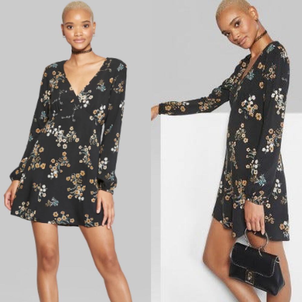 Wild Fable Black Floral Long Sleeve V-Neck Dress